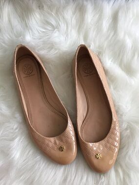 Tory Burch Blush Patent Quilted Ballet Flats with Gold Logo